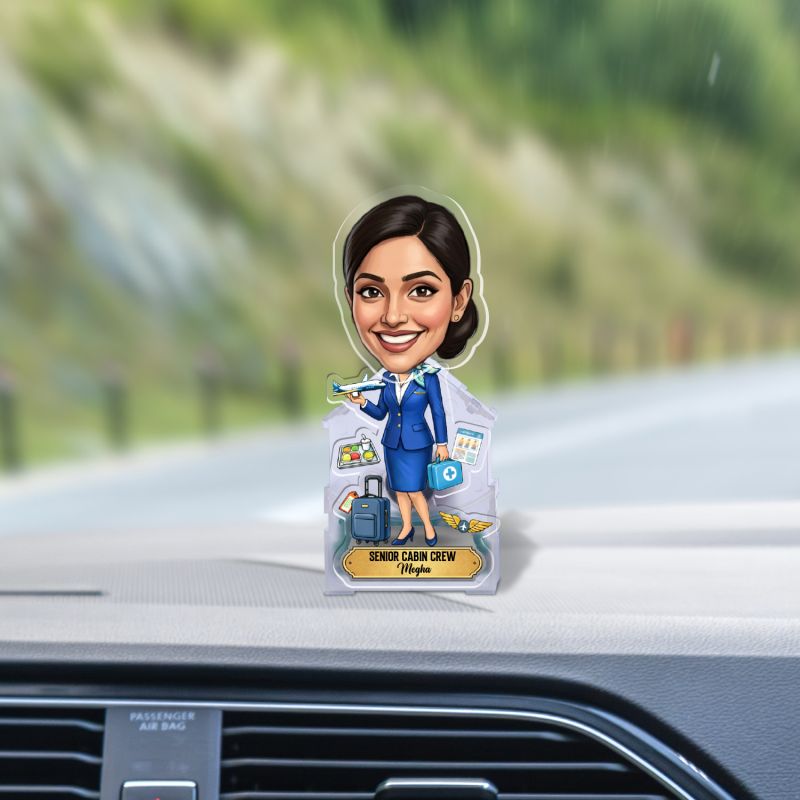 Personalized Senior Cabin Crew Bobblehead Caricature Gift for Air Hostess, Flight Attendants & Cabin Crew Desktop Decor for Home & Study Table | Battery Powered Moving Head